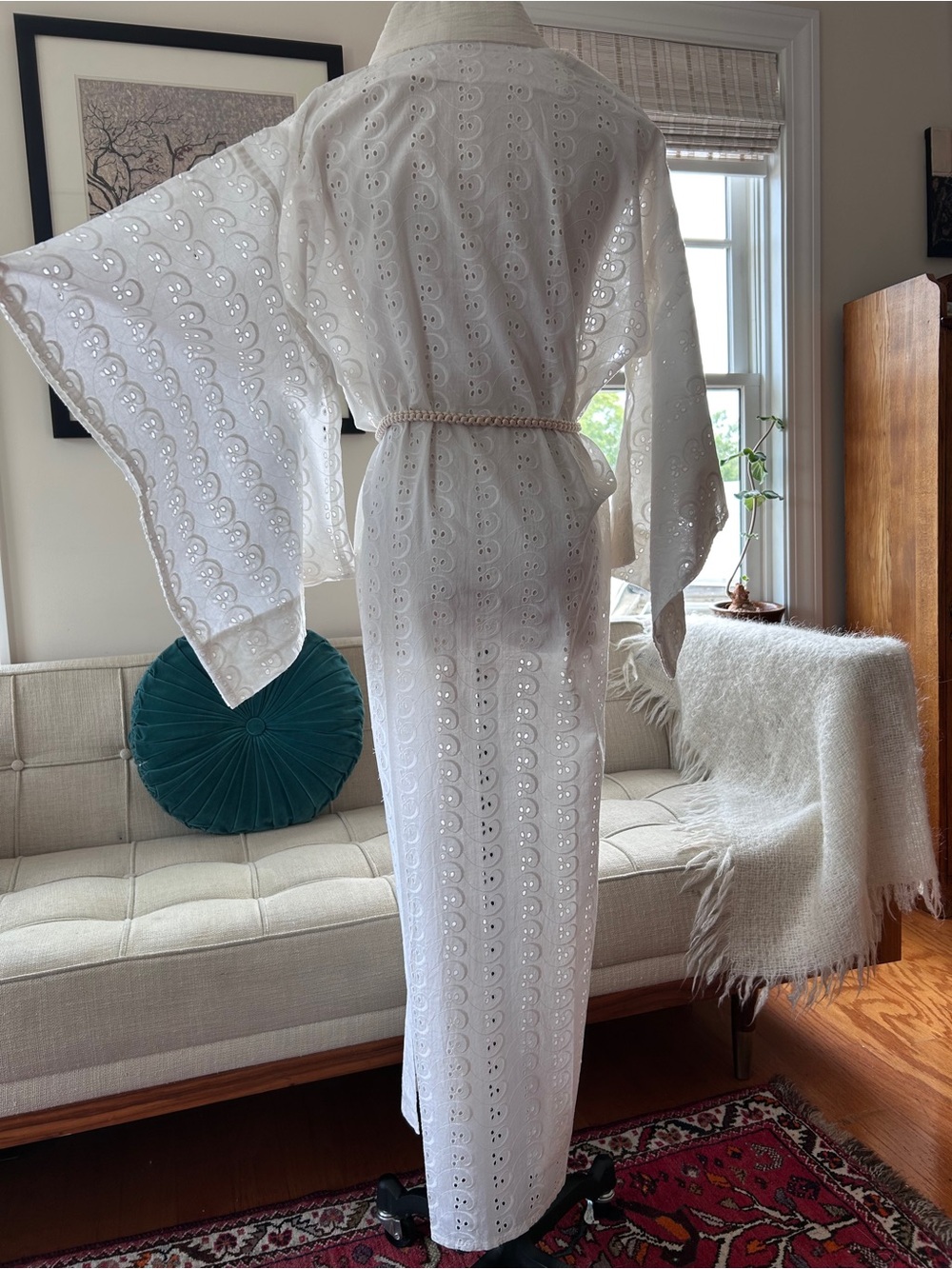 White Cotton Eyelet Nagajuban Kimono with Silk Obijime Waist Cord